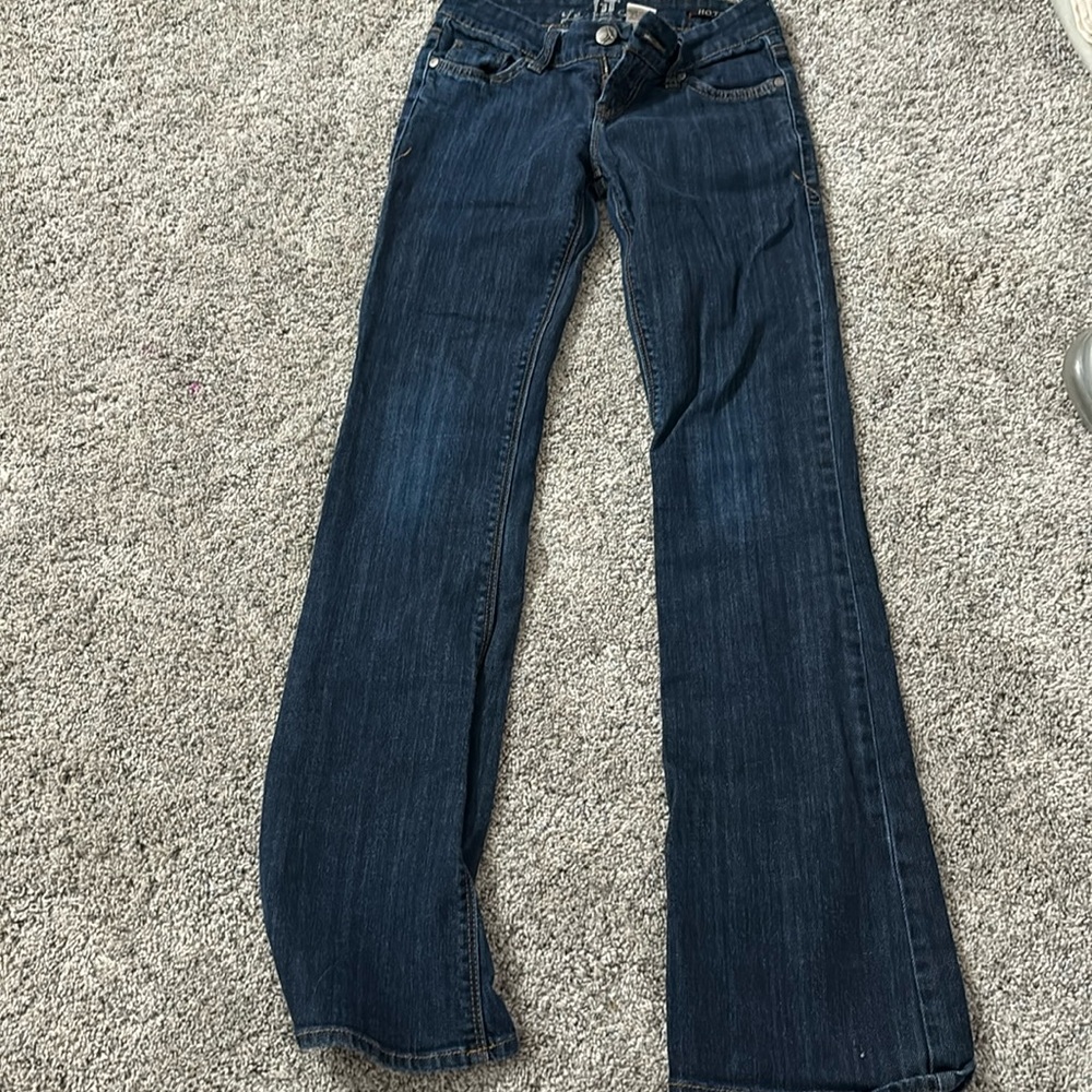 Flared, blue jeans